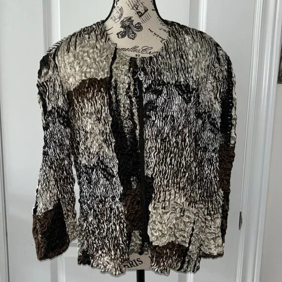 Joseph Ribkoff Jacket Women's Black Brown Trends Textured Zip Up 3/4 Sleeves - Picture 1 of 7